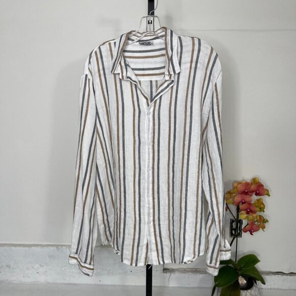 Focus Men's White Lino Slim Fit Spread Collar Striped Button Up Shirt Size XXL